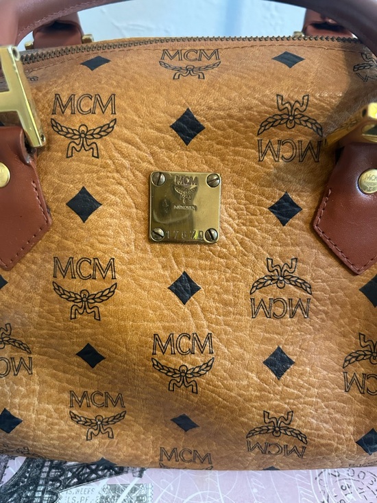 MCM Cognac Visetos Logo Top-Handle Satchel with Brown Trim AUTHENTIC - Picture 5 of 13
